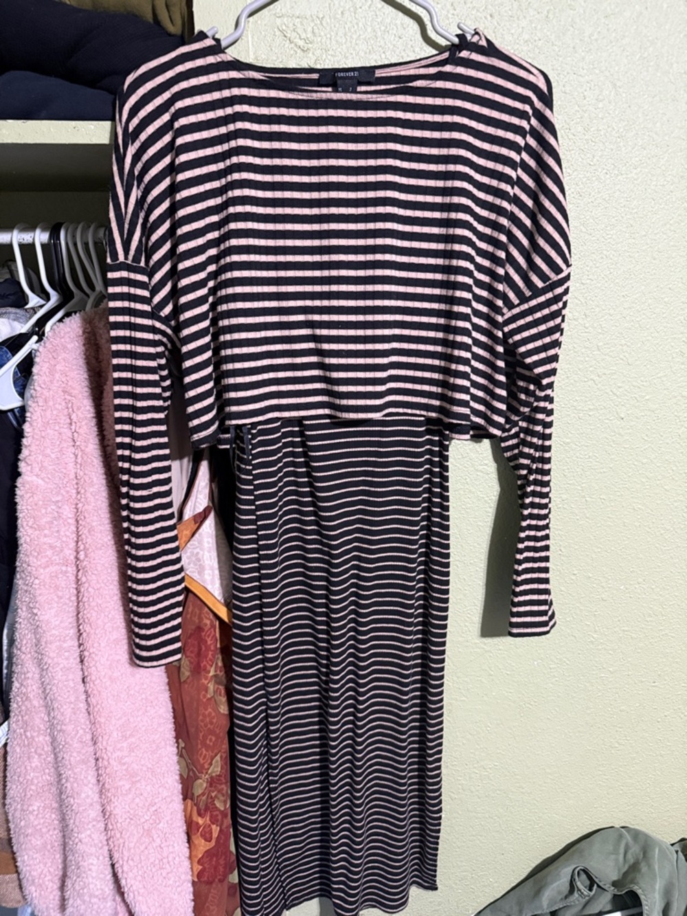 Forever 21 Pink and Black Striped Long Sleeve Midi Dress